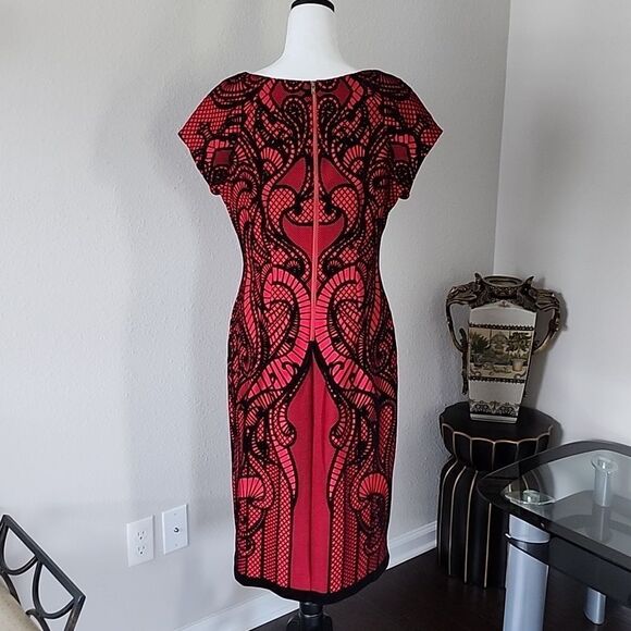 Worthington Midi Dress Red/ Black Velvet Lace Print - Picture 3 of 16